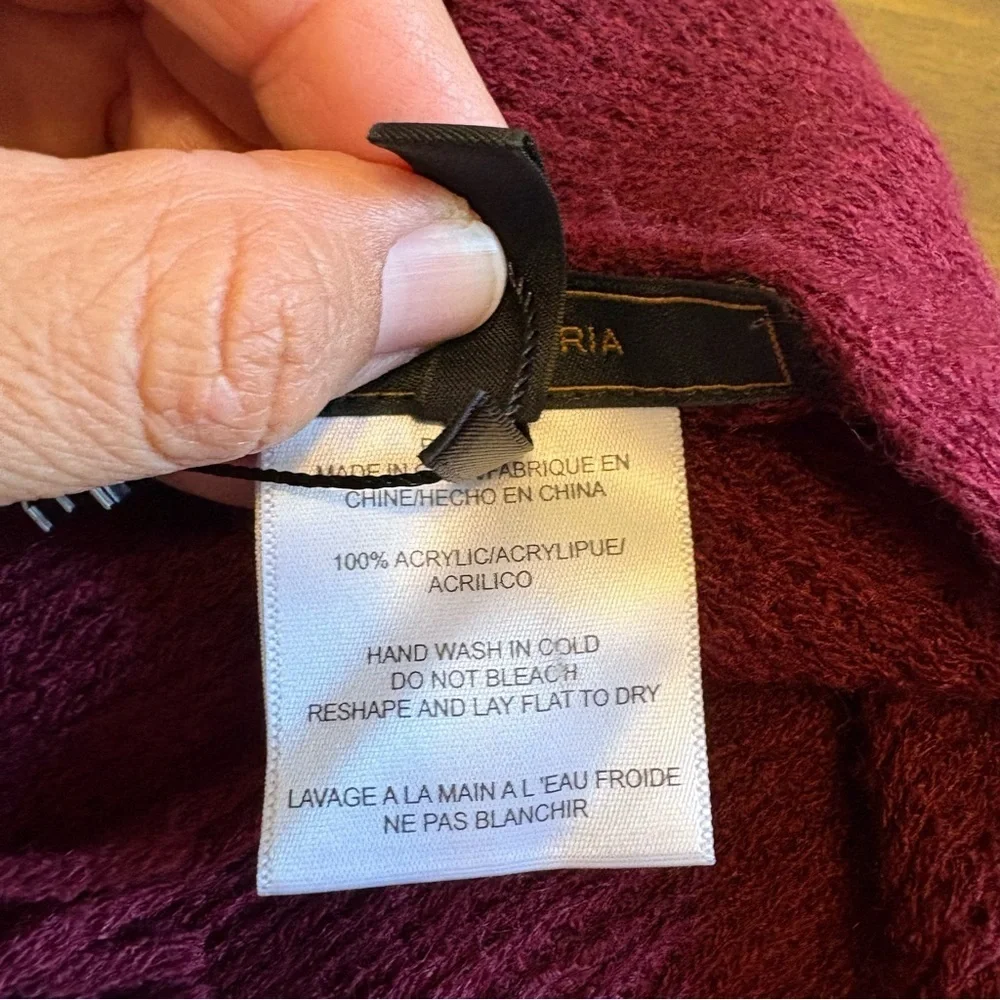 BCBGMAXAZRIA Large Blanket Scarf Wrap Burgundy Gold Fringe Wine Cozy $248